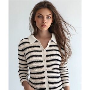 Rhythm. Sweater Womens Size Medium Button Highline Stripe Long Sleeve Ivory NWT